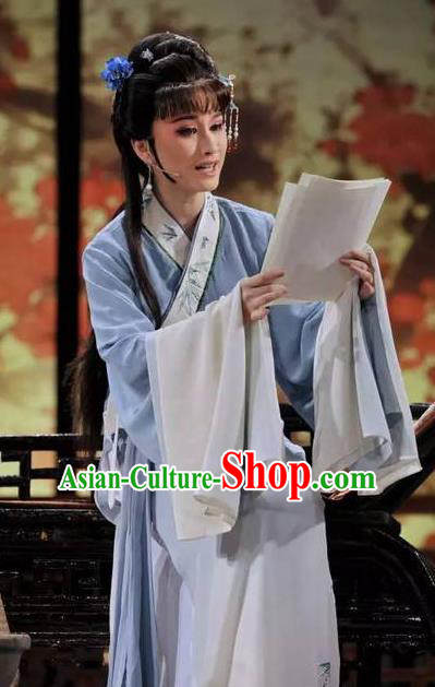 Chinese Shaoxing Opera Diva Garment Phoenix Tears Apparels Yue Opera Hua Tan Actress Costumes Female Blue Dress and Headpiece