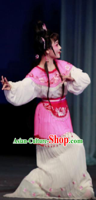 Chinese Shaoxing Opera Maidservant Costumes Yue Opera Xiao Dan The Wrong Red Silk Apparels Garment Servant Girl Rosy Dress and Hair Jewelry
