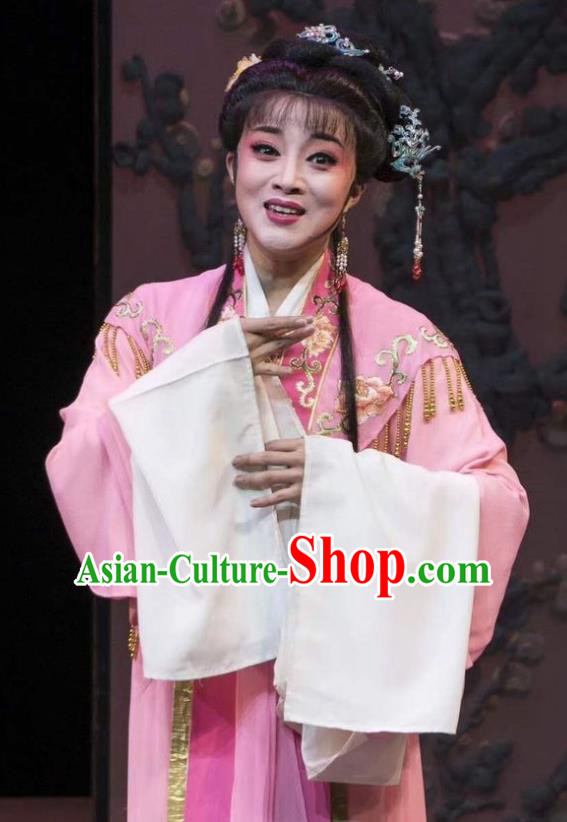 Chinese Shaoxing Opera Hua Tan Garment Shuang Yu Chan Yue Opera Actress Costumes Young Female Cao Fang Er Pink Dress Apparels and Headpiece