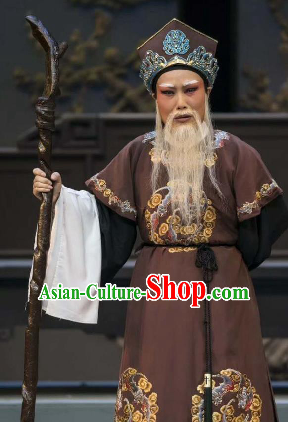 Chinese Yue Opera Patriarch Landlord Costumes Garment Shuang Yu Chan Shaoxing Opera Elderly Male Clothing Chieftain Apparels and Hat