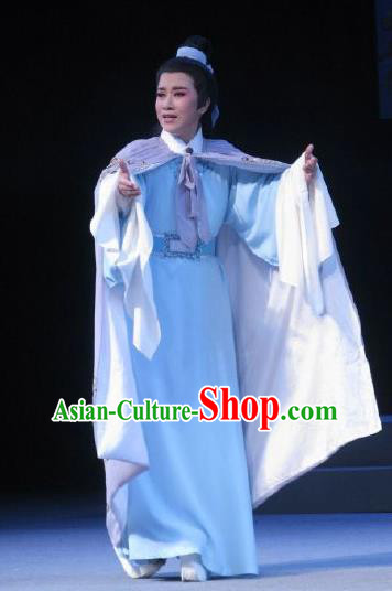 Chinese Yue Opera Childe Scholar Costumes Garment Shuang Yu Chan Shaoxing Opera Xiao Sheng Clothing Apparels Young Male Shen Mengxia Blue Robe and Headpiece