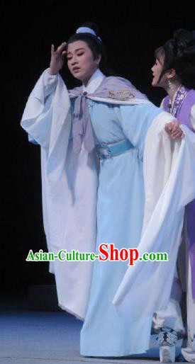 Chinese Yue Opera Childe Scholar Costumes Garment Shuang Yu Chan Shaoxing Opera Xiao Sheng Clothing Apparels Young Male Shen Mengxia Blue Robe and Headpiece