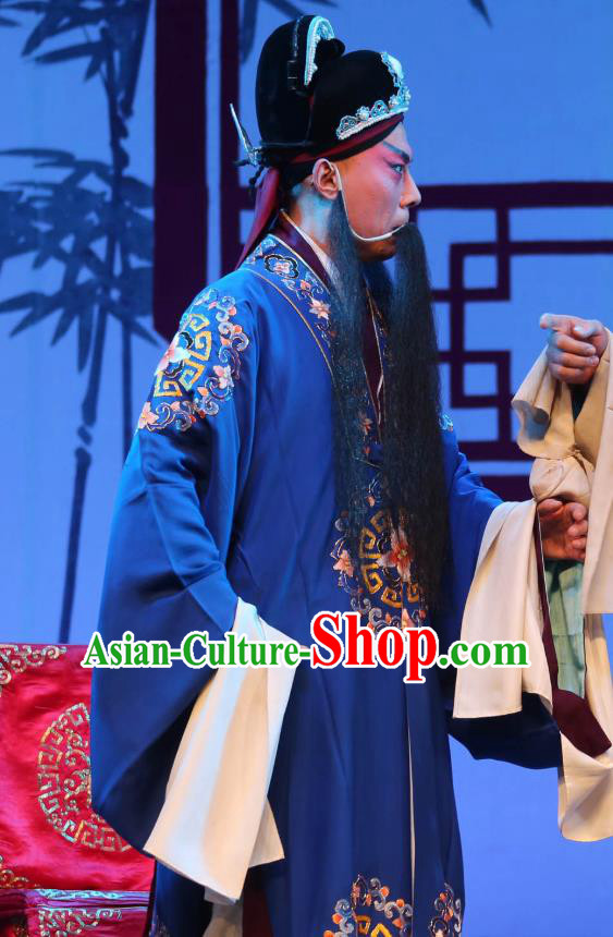 Chinese Yue Opera Ministry Official Blue Embroidered Robe Costumes and Hat Shaoxing Opera A Tragic Marriage Elderly Male Lao Sheng Apparels Garment