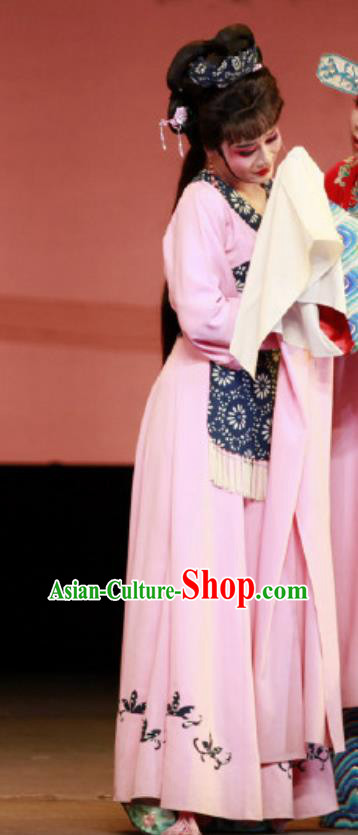 Chinese Shaoxing Opera Country Girl Costumes Yue Opera Xiao Dan The Wrong Red Silk Apparels Young Lady Garment Pink Dress and Headpieces
