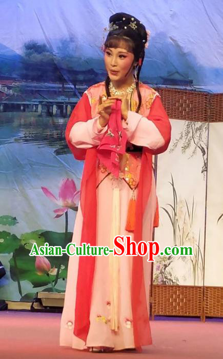 Chinese Shaoxing Opera Maidservant Costumes Yue Opera Xiao Dan The Wrong Red Silk Young Lady Garment Servant Girl Apparels and Hair Jewelry