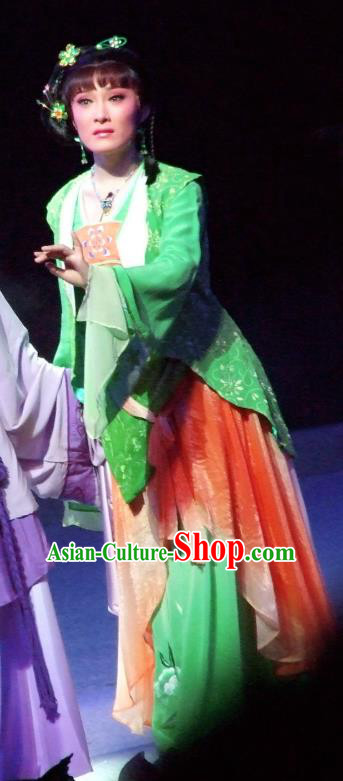 Chinese Shaoxing Opera Young Lady Green Dress Garment The Legend of Pearl Zhen Zhu Chuan Qi Yue Opera Xiao Dan Costumes Village Girl Apparels and Headpieces