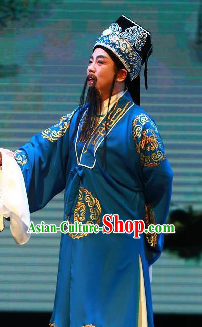 The Wrong Red Silk Chinese Yue Opera Elderly Male Apparels Shaoxing Opera Laosheng Costumes Garment Landlord Blue Robe and Hat