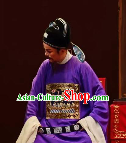 Chinese Yue Opera Country Magistrate Minister Costumes and Hat Shaoxing Opera Yan Zhi Apparels Garment Official Zhang Hong Elderly Male Vestment