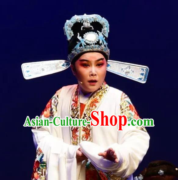 Chinese Yue Opera Young Male Costumes and Hat Shaoxing Opera Yan Zhi Apparels Garment Scholar White Embroidered Robe