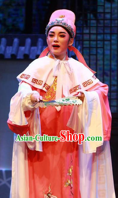 The Wrong Red Silk Chinese Yue Opera Niche Apparels Shaoxing Opera Xiaosheng Costumes Garment Scholar Young Men Embroidered Robe and Hat
