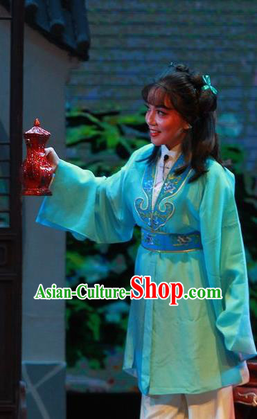 Chinese Yue Opera The Wrong Red Silk Apparels Shaoxing Opera WaWa Sheng Servant Costumes Livehand Garment and Headpiece