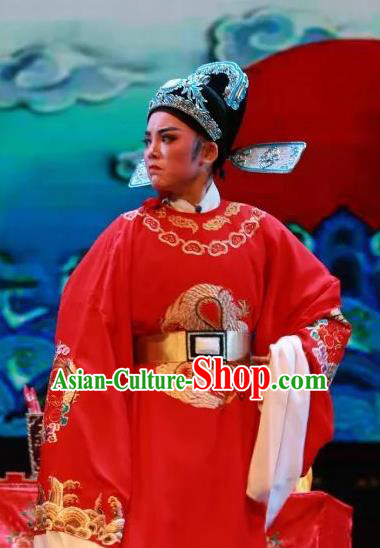 Chinese Yue Opera Scholar The Wrong Red Silk Apparels Shaoxing Opera Xiao Sheng Costumes Bridegroom Wedding Garment and Hat
