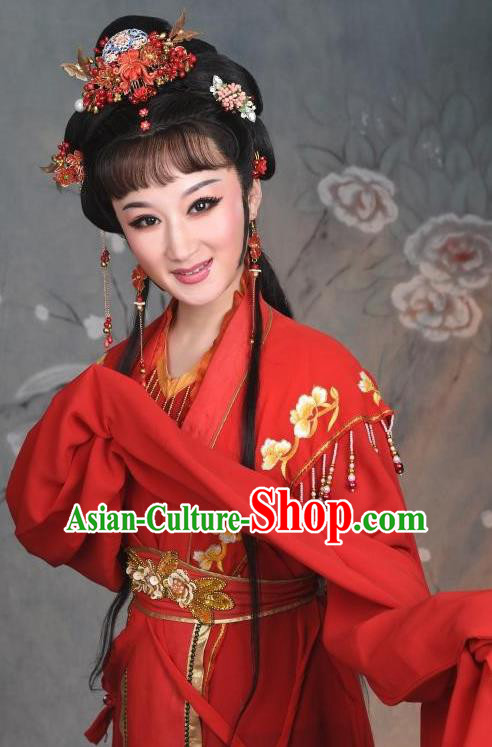 Chinese Shaoxing Opera Actress Zhang Liuyue The Wrong Red Silk Costumes Yue Opera Beauty Garment Hua Tan Red Apparels and Hair Jewelry