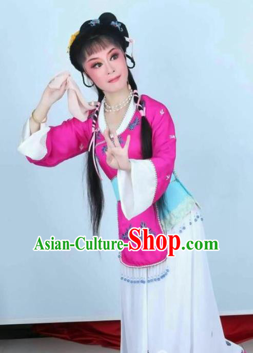 Chinese Shaoxing Opera Maidservant The Wrong Red Silk Costumes Yue Opera Garment Young Lady Xiao Dan Apparels and Hair Accessories