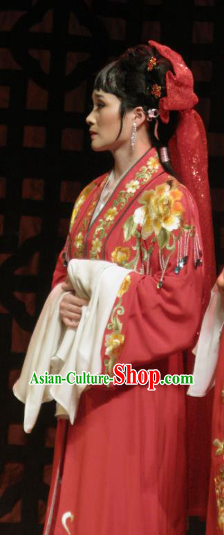 Chinese Shaoxing Opera Bride The Wrong Red Silk Costumes Yue Opera Wedding Garment Hua Dan Red Dress Apparels and Headpieces