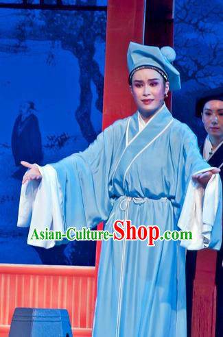 Chinese Yue Opera Young Man Role Costumes Flirting Scholar Tang Bohu Garment Shaoxing Opera Xiaosheng Niche Blue Robe Servant Apparels and Headwear