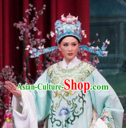 Chinese Yue Opera Young Male Meng Lijun Costumes Garment Shaoxing Opera Xiaosheng Scholar Green Python Embroidered Robe Apparels and Headpiece