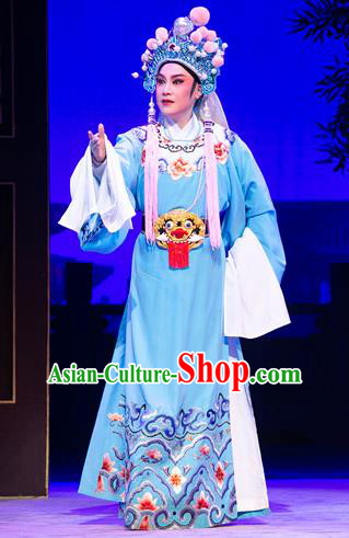 Chinese Yue Opera Official Costumes Garment Shaoxing Opera Meng Lijun Apparels Young Male Scholar Blue Embroidered Robe and Headwear