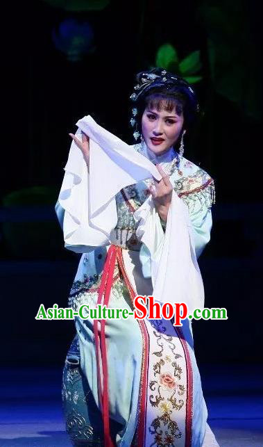 Chinese Shaoxing Opera Diva Hua Tan Blue Dress Garment Yue Opera Zhui Yu Noble Lady Jin Mudan Costumes Actress Young Lady Apparels and Headpieces