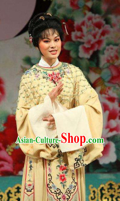 Chinese Shaoxing Opera Young Female Yellow Dress Garment Yue Opera Zhui Yu Costumes Actress Noble Lady Jin Mudan Apparels and Hair Accessories