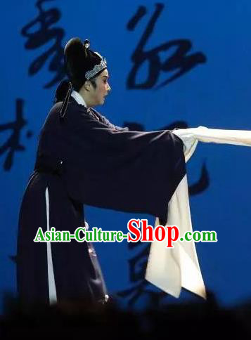 Chinese Yue Opera Lu You And Tang Wan Scholar Costumes Blue Robe and Hat Shaoxing Opera Niche Poet Young Male Apparels Garment
