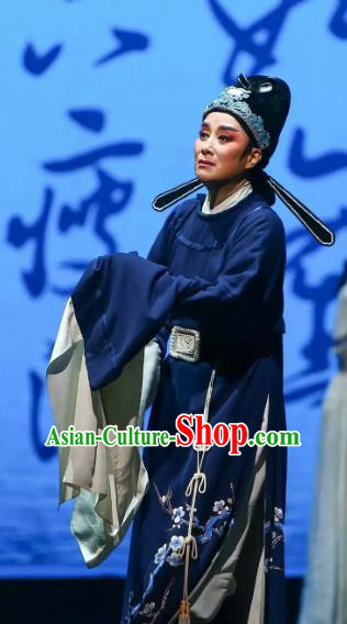 Chinese Yue Opera Lu You And Tang Wan Scholar Costumes Blue Robe and Hat Shaoxing Opera Niche Poet Young Male Apparels Garment