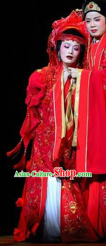 Chinese Shaoxing Opera Diva Wedding Red Dress Hua Tan Garment Yue Opera Lu You And Tang Wan Costumes Noble Lady Actress Bride Apparels and Headdress