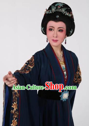 Chinese Shaoxing Opera Elderly Dame Navy Dress Hua Tan Garment Yue Opera Lu You And Tang Wan Costumes Countess Lu Apparels and Headpieces