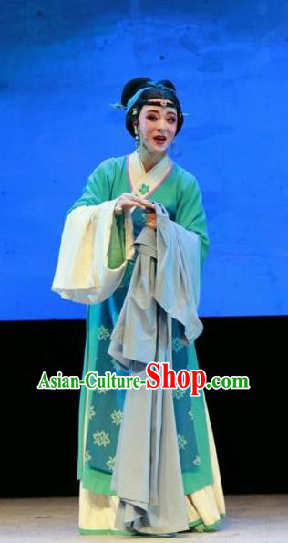 Chinese Shaoxing Opera Country Woman Green Dress and Headpiece Yue Opera Shuang Jiao Jie Qin Garment Costumes Actress Young Mistress Apparels
