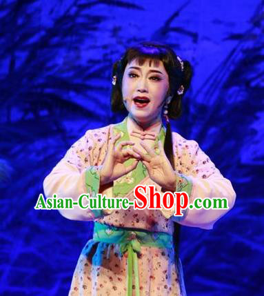 Chinese Shaoxing Opera Xiao Dan Dress and Hair Accessories Yue Opera Shuang Jiao Jie Qin Costumes Garment Slave Girl Apparels