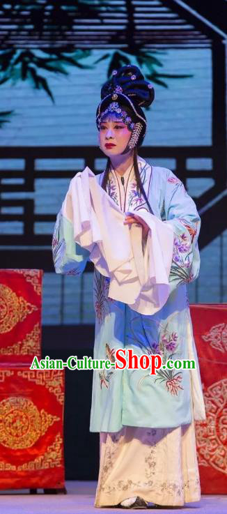 Chinese Shaoxing Opera Hua Tan Garment and Headpieces Yue Opera Tell On Sargam Zhang Zhenzhu Blue Dress Distress Maiden Costumes Apparels