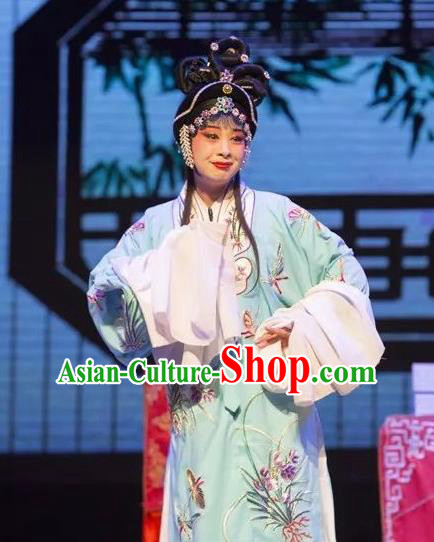Chinese Shaoxing Opera Hua Tan Garment and Headpieces Yue Opera Tell On Sargam Zhang Zhenzhu Blue Dress Distress Maiden Costumes Apparels