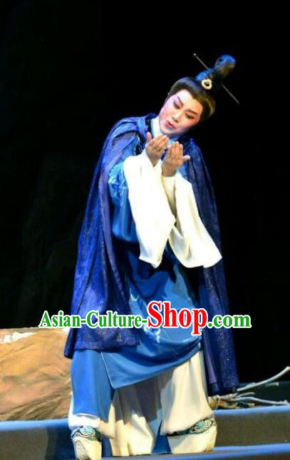 Chinese Yue Opera Xiaosheng Robe Feng Xue Yu Qiao Ji Costumes and Headpiece Shaoxing Opera Young Male Niche Apparels Scholar Blue Garment