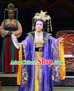 Chinese Shaoxing Opera Elderly Female Costumes and Headdress Yue Opera Farewell Song of Da Tang Apparels Empress Wu Zetian Purple Dress Garment