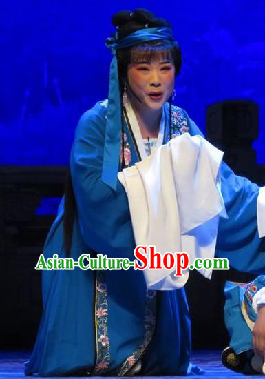 Chinese Shaoxing Opera Distress Maiden Apparels and Headwear Yue Opera Tell On Sargam Costumes Young Female Zhang zhenzhu Blue Dress Garment