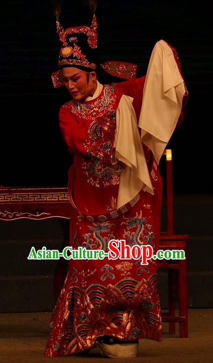 Chinese Yue Opera Scholar The Ungrateful Lover Qing Tan Garment Costumes and Headwear Shaoxing Opera Xiaosheng Apparels Clothing Red Embroidered Robe