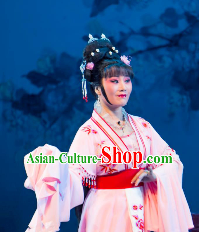 Chinese Shaoxing Opera Diva Hua Tan Garment Yue Opera Lu You And Tang Wan Costumes Apparels Noble Lady Pink Dress and Headpieces