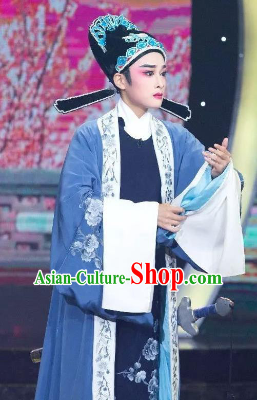 Chinese Yue Opera Niche Scholar Lu You And Tang Wan Costumes and Headwear Shaoxing Opera Xiaosheng Apparels Blue Embroidered Robe Garment