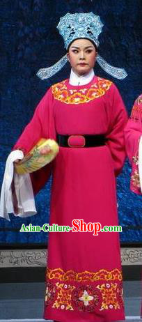 Chinese Yue Opera Wu Nv Bai Shou Young Male Costumes and Headwear Shaoxing Opera Scholar Apparels Garment Rosy Robe