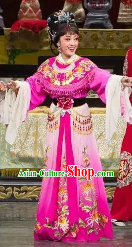 Chinese Shaoxing Opera Actress Rosy Dress Apparels Yue Opera Wu Nv Bai Shou Hua Dan Costumes Garment and Headpieces