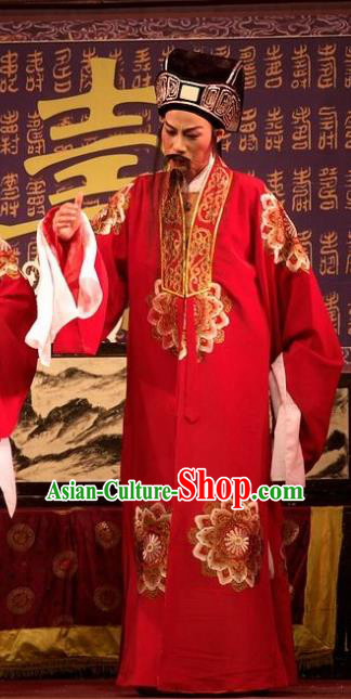Chinese Yue Opera Old Man Wu Nv Bai Shou Landlord Costumes and Hat Shaoxing Opera Apparels Elderly Male Yang Jikang Vestment Red Garment