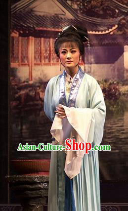 Chinese Shaoxing Opera Diva Green Dress Yue Opera Wu Nv Bai Shou Costumes Hua Tan Actress Garment Apparels and Hair Ornaments