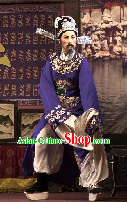 Chinese Yue Opera Elderly Man Wu Nv Bai Shou Costumes and Hat Shaoxing Opera Apparels Lao Sheng Embroidered Robe Blue Vestment Garment