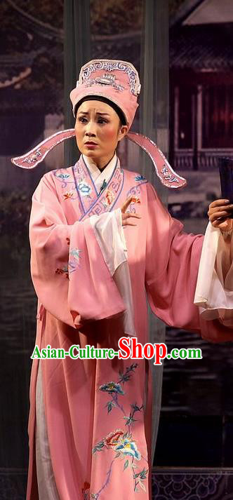 Chinese Yue Opera Xiaosheng Wu Nv Bai Shou Costumes and Headwear Shaoxing Opera Young Male Apparels Scholar Pink Embroidered Robe Garment