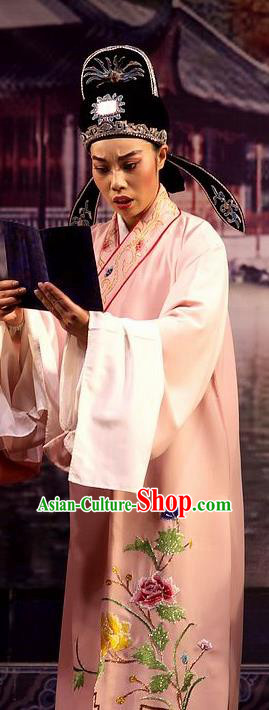 Chinese Yue Opera Young Male Wu Nv Bai Shou Costumes and Headwear Shaoxing Opera Scholar Xiaosheng Pink Embroidered Robe Apparels Garment