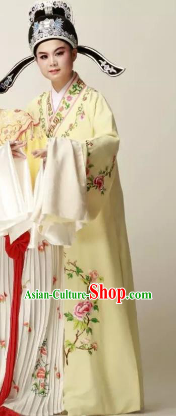 Chinese Yue Opera Wu Nv Bai Shou Young Male Costumes and Headwear Shaoxing Opera Apparels Garment Scholar Xiaosheng Yellow Embroidered Robe