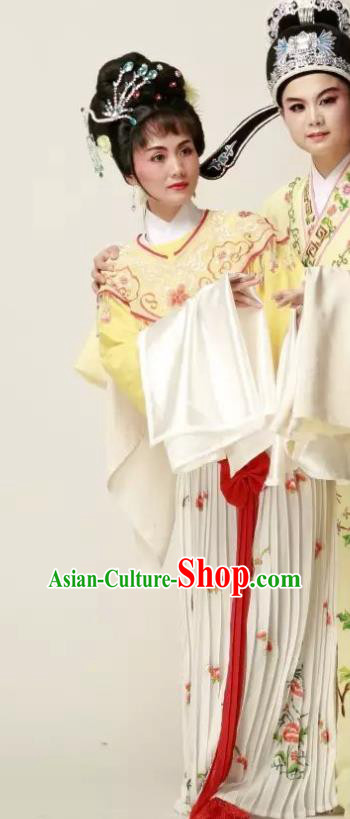 Chinese Shaoxing Opera Young Lady Yellow Dress Yue Opera Wu Nv Bai Shou Huadan Costumes Garment Actress Apparels and Headpieces