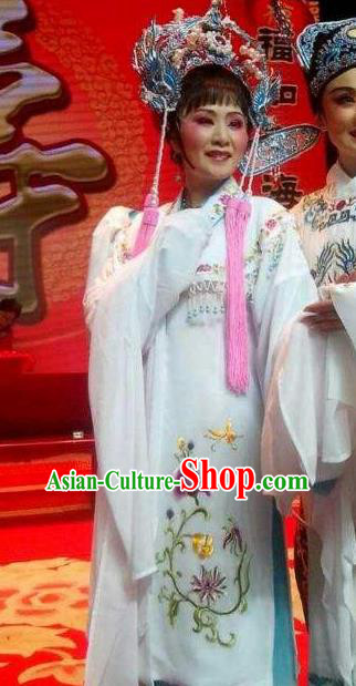 Chinese Shaoxing Opera Hua Tan White Dress Yue Opera Wu Nv Bai Shou Huadan Costumes Garment Actress Diva Apparels and Headwear