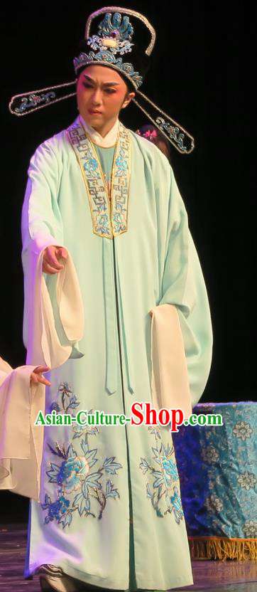 Chinese Yue Opera Wu Nv Bai Shou Scholar Costumes and Headwear Shaoxing Opera Xiaosheng Apparels Garment Young Male Embroidered Green Cape