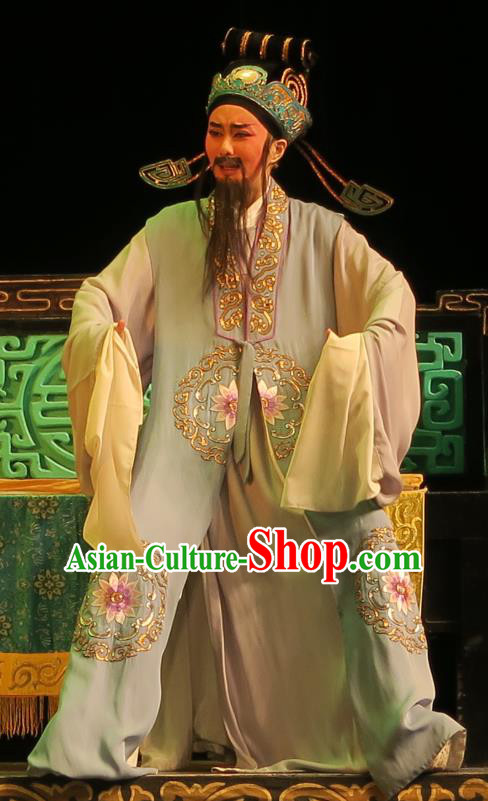 Chinese Yue Opera Old Landlord Wu Nv Bai Shou Costumes and Headwear Shaoxing Opera Laosheng Apparels Garment Official Yang Jikang Embroidered Cape